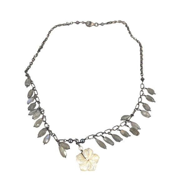 Vintage Labradorite & Mother of Pearl Flower Pendant Necklace 16" Sterling Silve - Picture 6 of 9